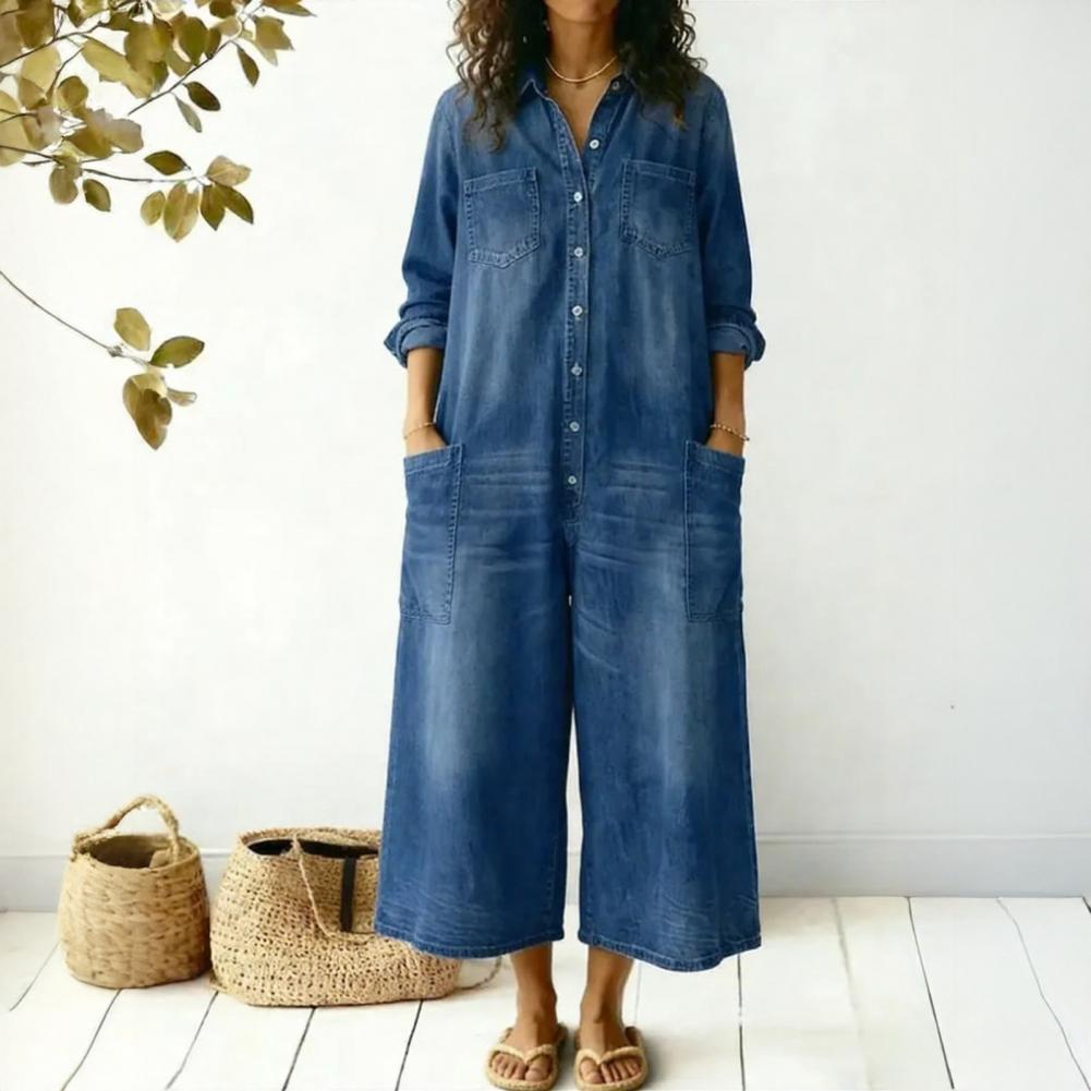 Women'S Formal Wear Jumpsuit - Women's Oversized Denim Jumpsuit Long Sleeve