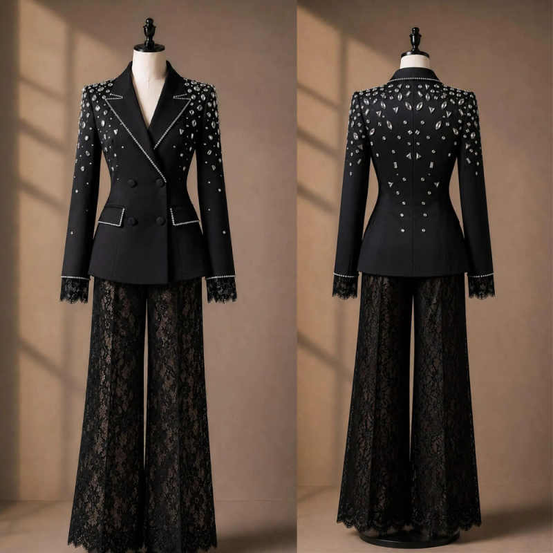 Women'S Formal Dinner Wear - Elegant Women Suit Peak‑Lapel Rhinestone‑Embellished Lace‑Pants