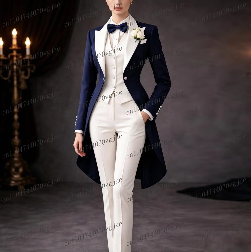 Women'S Formal Wear With Pants - Navy Blue And White Long Women