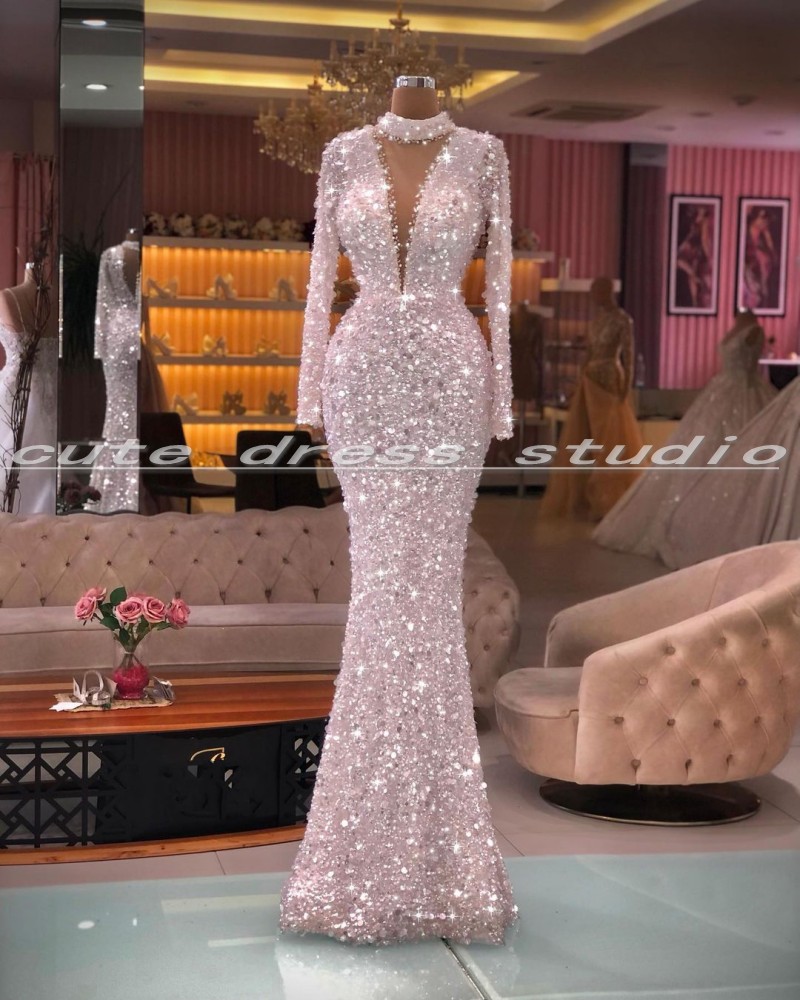 Women'S Formal Dinner Wear - White Sequin Evening Gowns Long Sleeves
