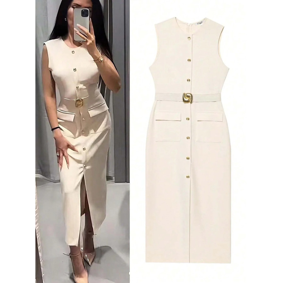 Women'S Formal Dinner Wear - Woman‘s Sleeveless Crew-neck Solid-color Waist-cinched Dress