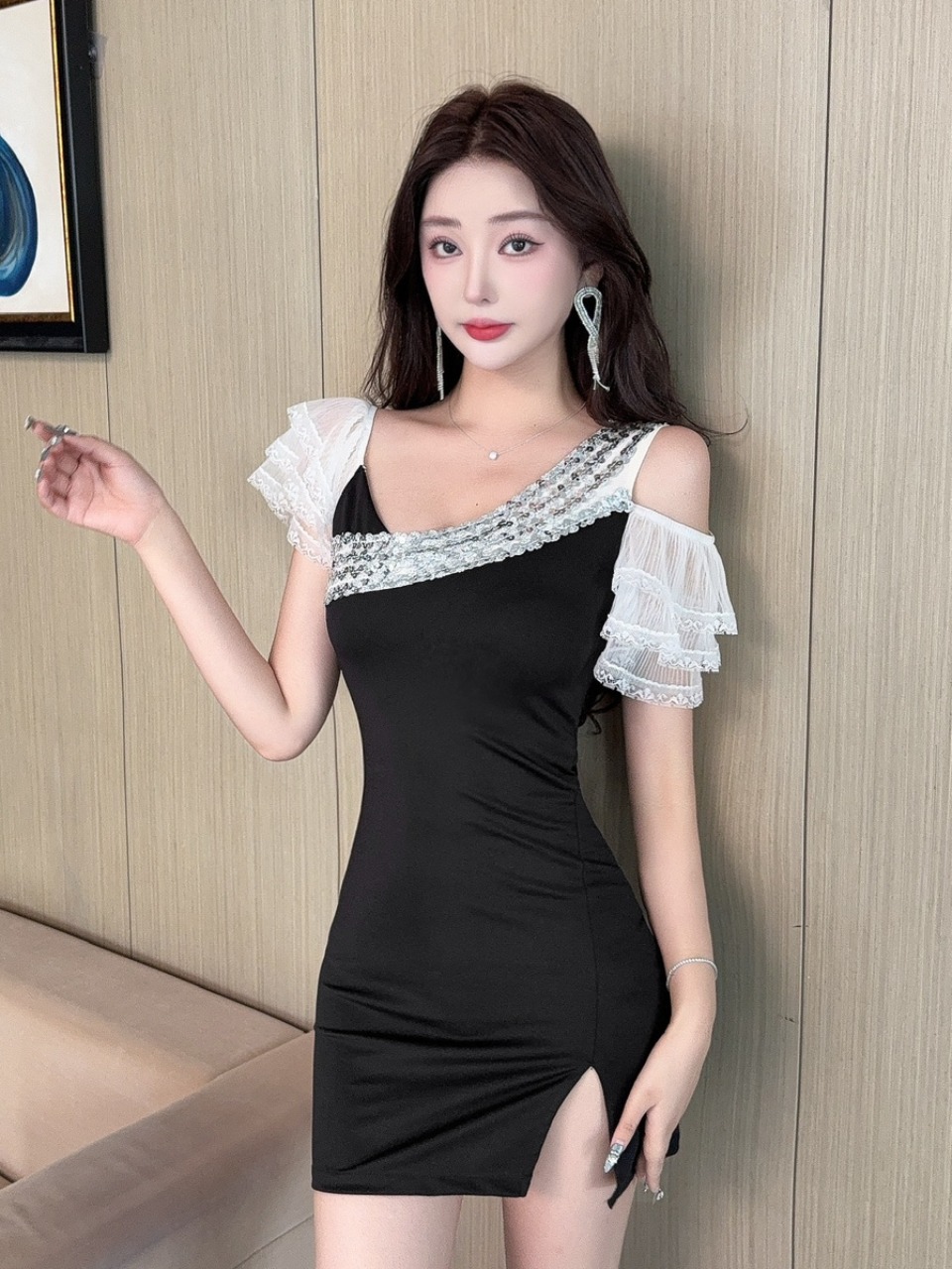 Sexy Lace Splice Short Wrap ar - Wrap Dress Work recension och pris